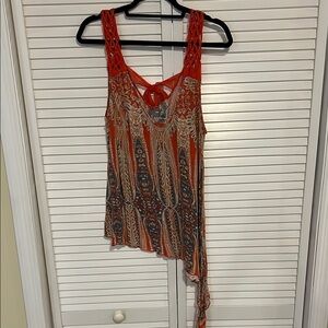 Free People Medium Red Asymmetrical Tank Top with Crochet Straps and Tie Back